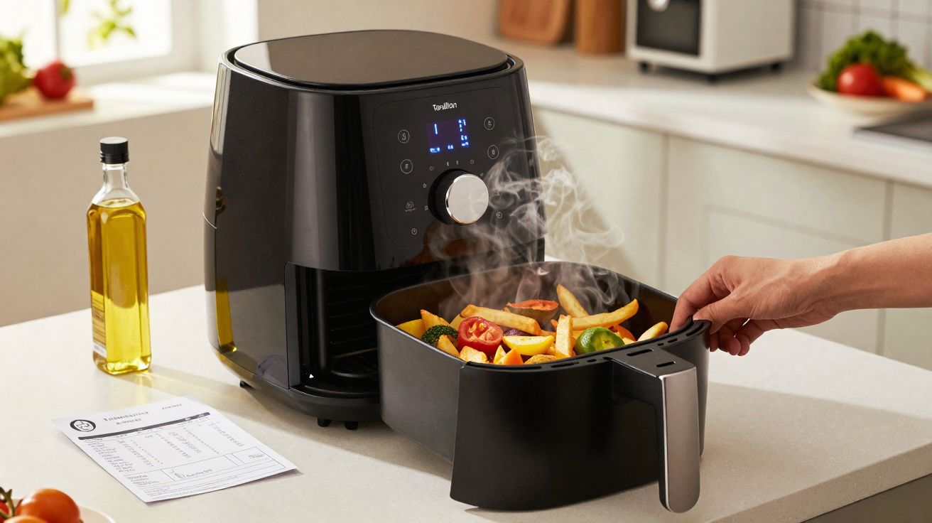 Mão retirando cesta de air fryer preta com legumes e batatas fritas com vapor na cozinha.