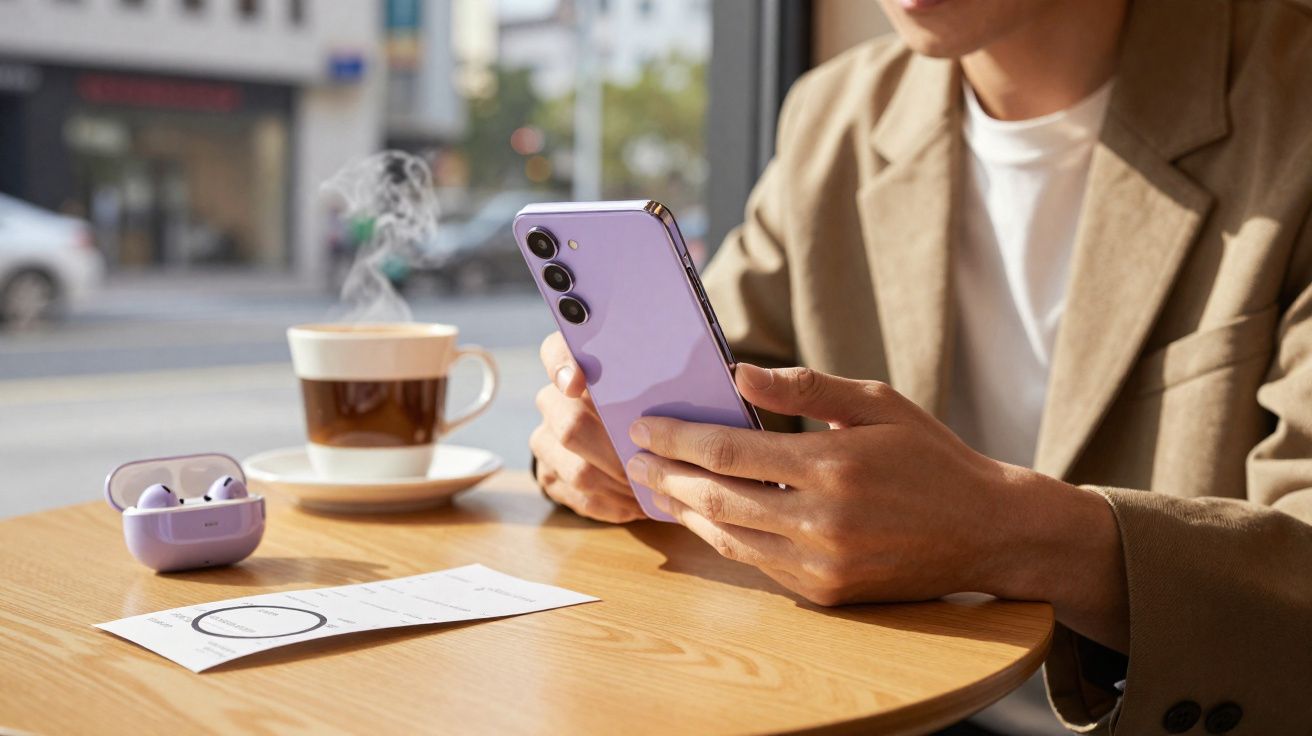 Pessoa segurando smartphone lilás em mesa com café, fones de ouvido sem fio e recibo em ambiente urbano.
