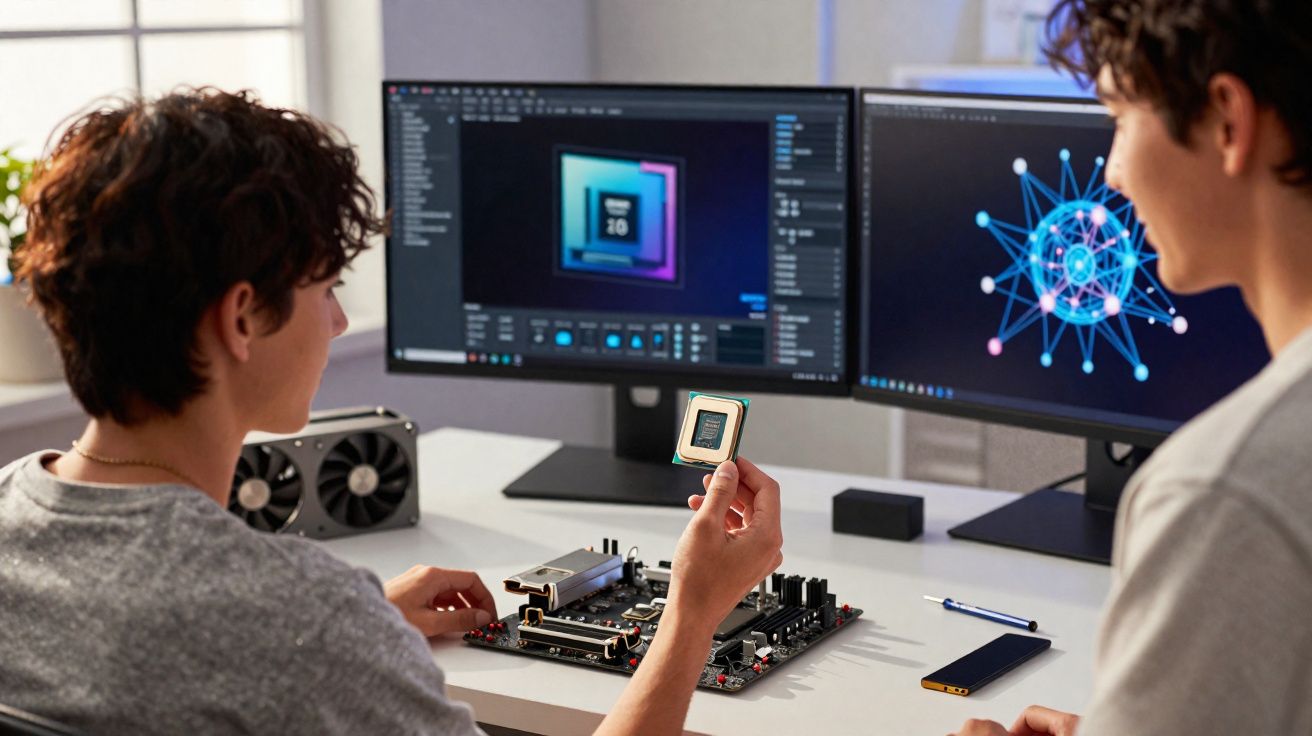 Duas pessoas analisam processador e placa-mãe com softwares técnicos abertos em monitores duplos.