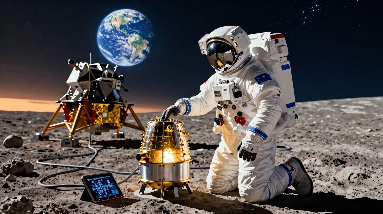 Astronauta em traje espacial na Lua com Terra ao fundo e módulo lunar próximo.