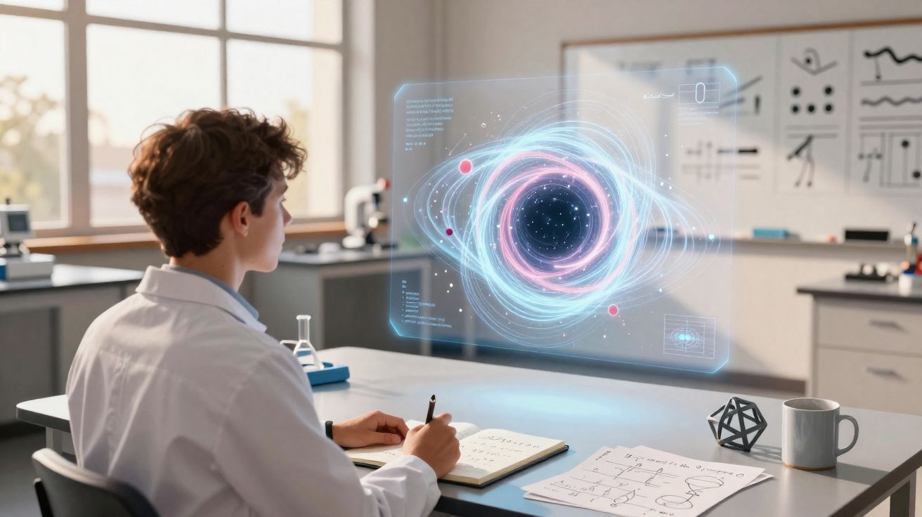 Pesquisador em laboratório observa holograma de buraco negro enquanto faz anotações em caderno.