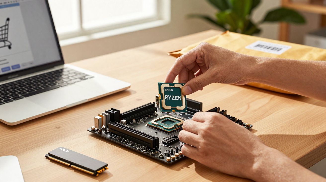 Pessoa instalando processador AMD Ryzen em placa-mãe sobre mesa com notebook e dispositivo SSD.