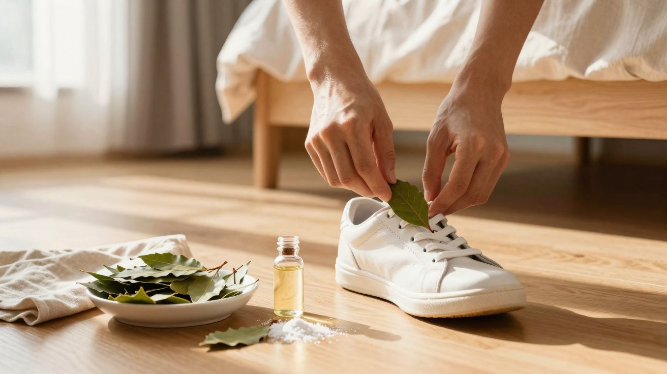 Pessoa colocando folhas de louro dentro de tênis branco em ambiente com óleo e sal perto.