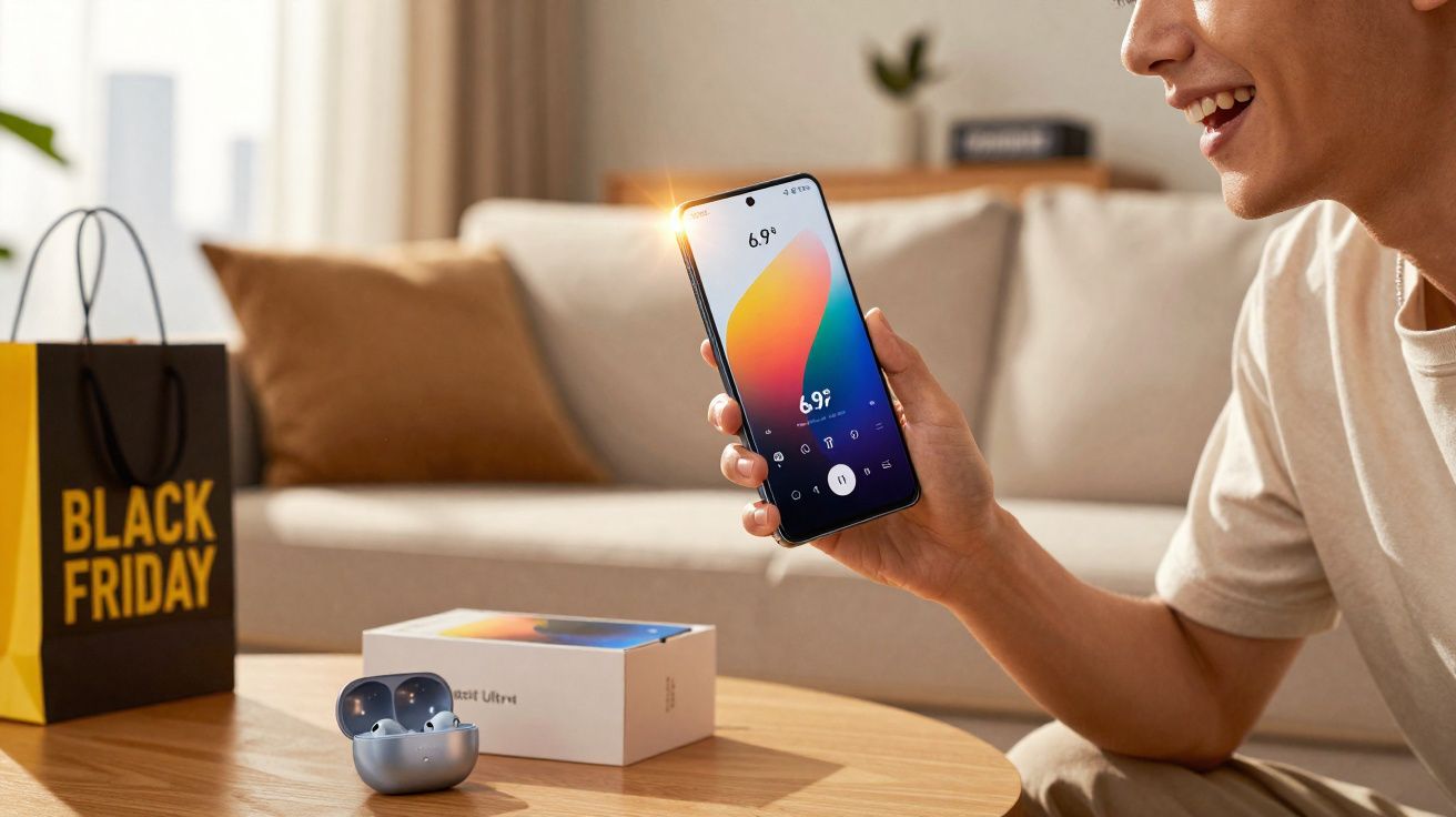 Pessoa segurando smartphone com caixa e fones sem fio sobre mesa, sacola de Black Friday ao fundo.