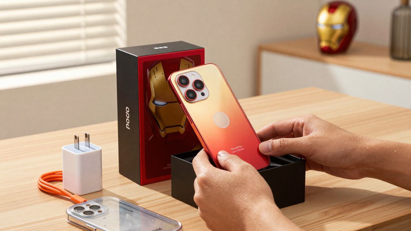 Mãos seguram smartphone vermelho com câmera tripla ao lado de caixa preta com capa e carregador em mesa de madeira.