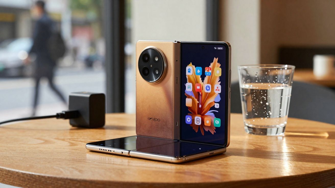 Smartphone dobrável dourado aberto em formato L sobre mesa de madeira com copo de água ao fundo.