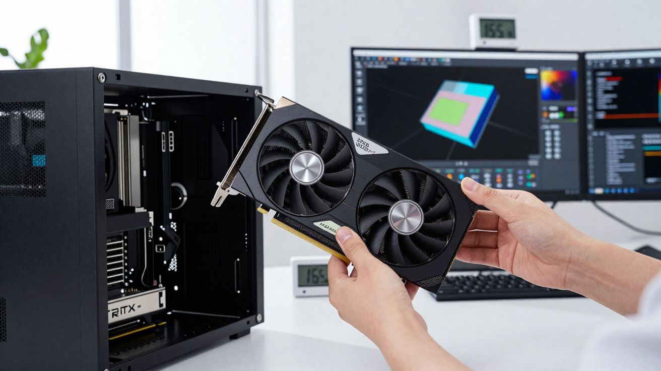 Pessoa instalando placa de vídeo em gabinete de computador próximo a duas telas com softwares gráficos.