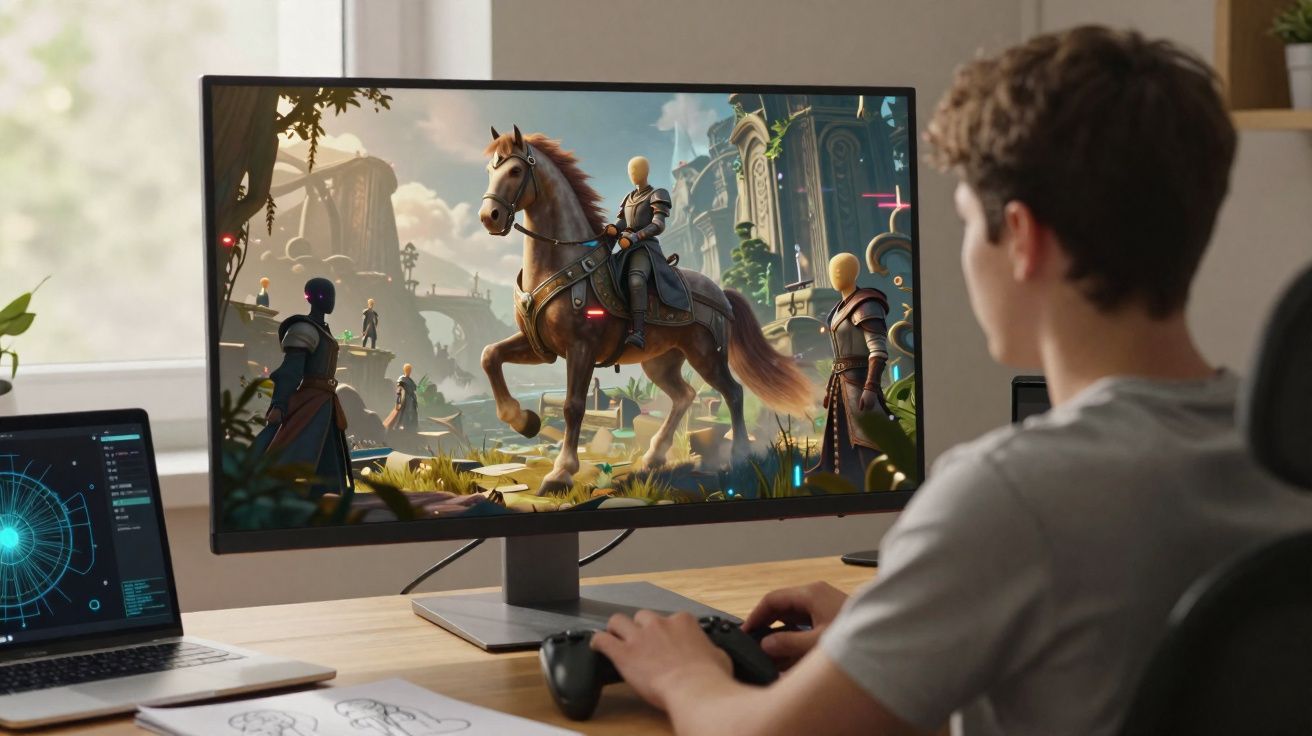 Jovem jogando game de aventura medieval no computador com cavaleiro em cavalo na tela.