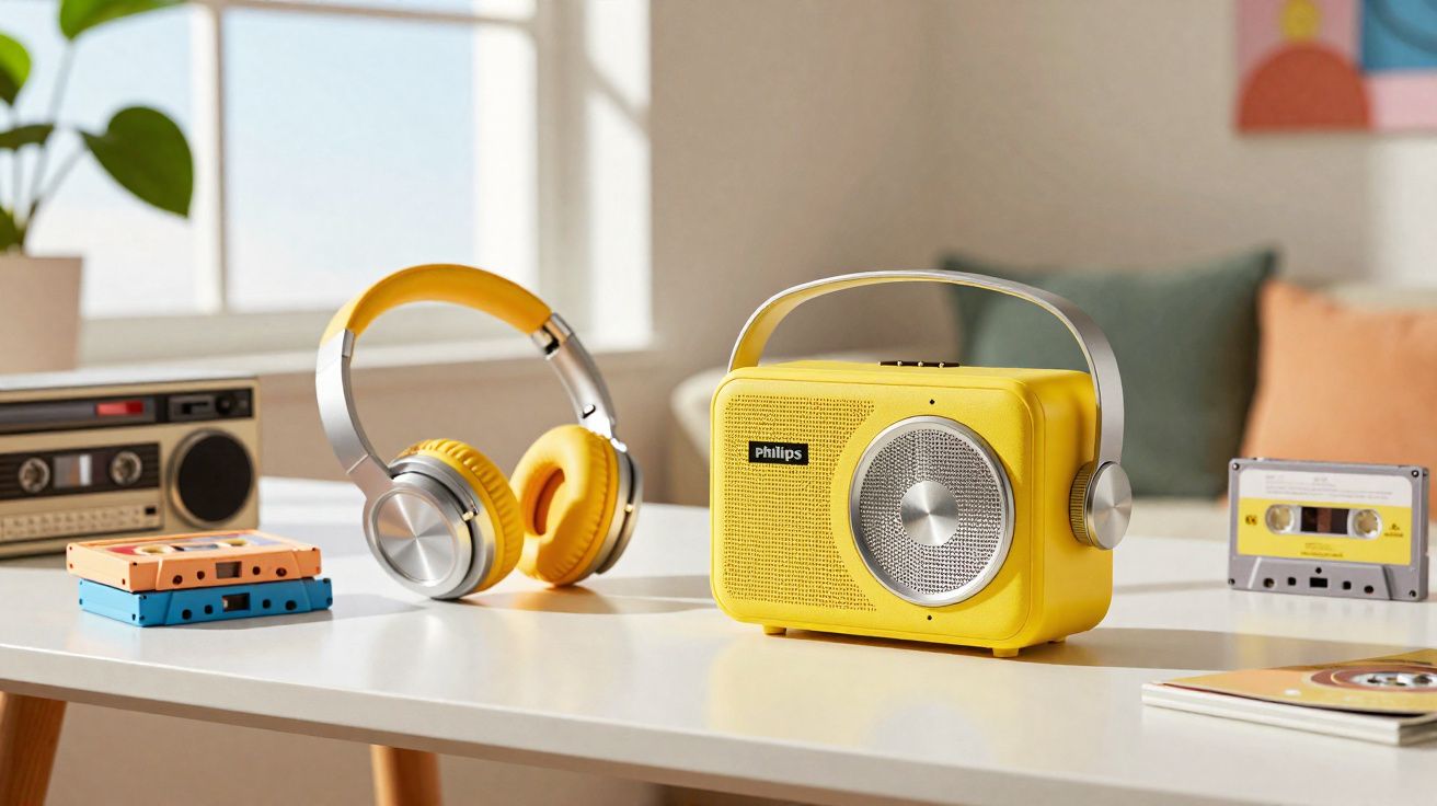 Rádio amarelo, fones de ouvido amarelos e fitas cassete sobre mesa branca em ambiente iluminado.