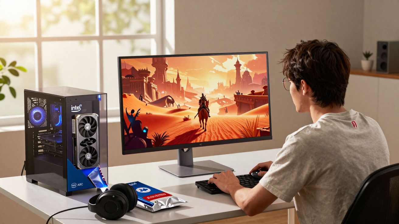 Jovem jogando videogame em monitor ultrawide com torre de PC Intel ao lado e fones sobre a mesa.