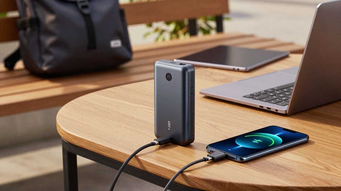 Power bank carregando smartphone ao lado de laptop em mesa de madeira em ambiente externo.