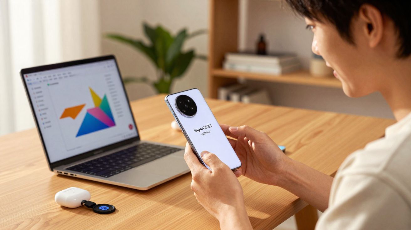 Pessoa segurando smartphone com tela do sistema HarmonyOS 3.1, ao lado de laptop e fones sem fio sobre mesa de madeira.