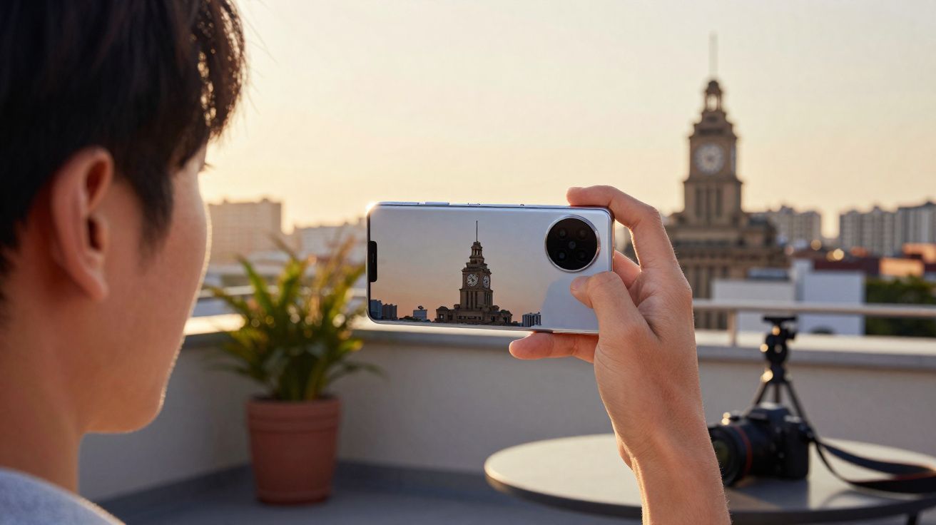 Pessoa fotografando torre de relógio com smartphone em terraço ao pôr do sol