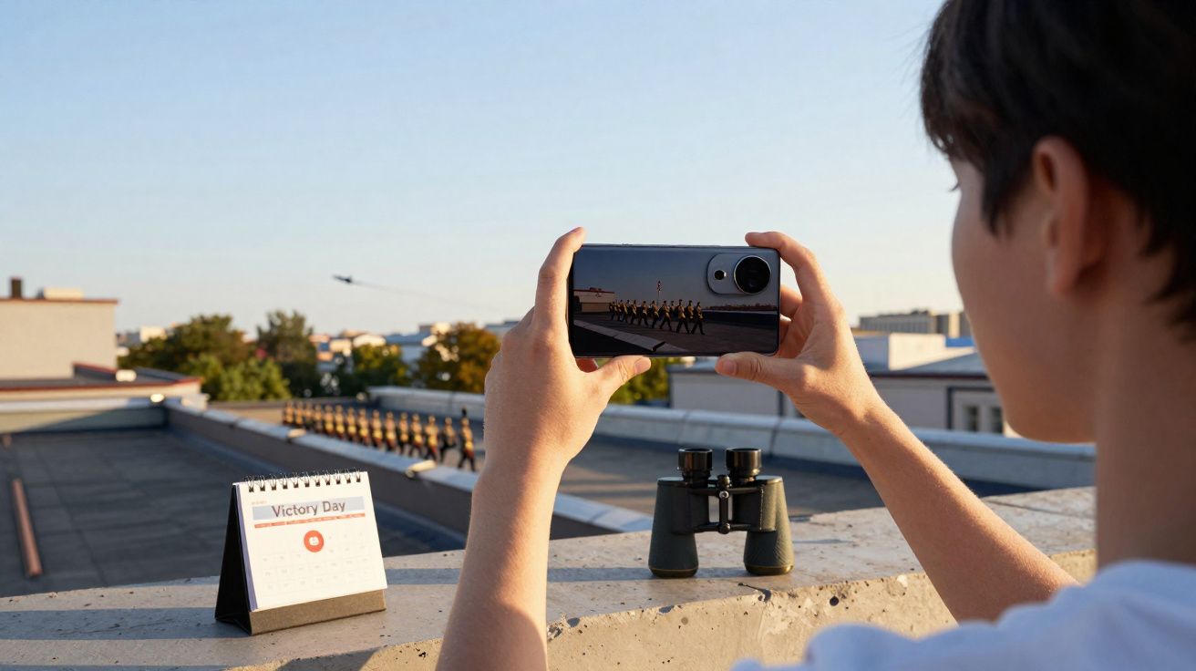 Pessoa registrando desfile militar com smartphone no terraço, com binóculos e calendário marcando Victory Day à vista.
