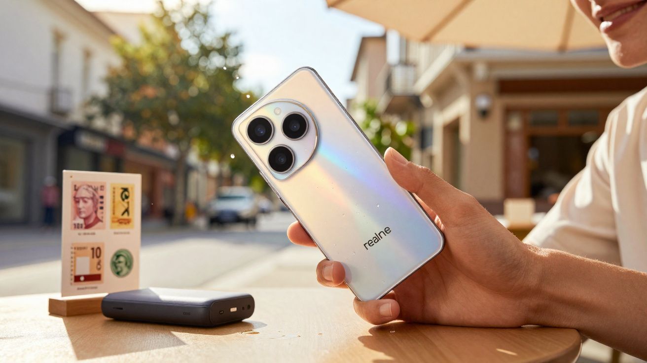 Pessoa segurando smartphone Realme transparente em mesa ao ar livre com carregador portátil.