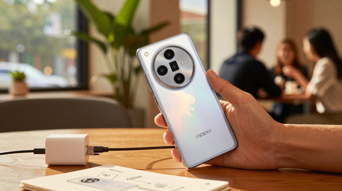 Pessoa segurando smartphone Oppo prata com câmeras circulares, carregador conectado sobre mesa de madeira.