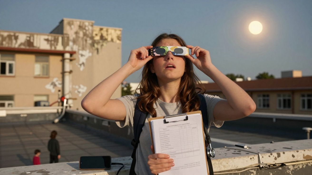 Mulher olhando para o céu com óculos especiais segurando prancheta em telhado ao pôr do sol.