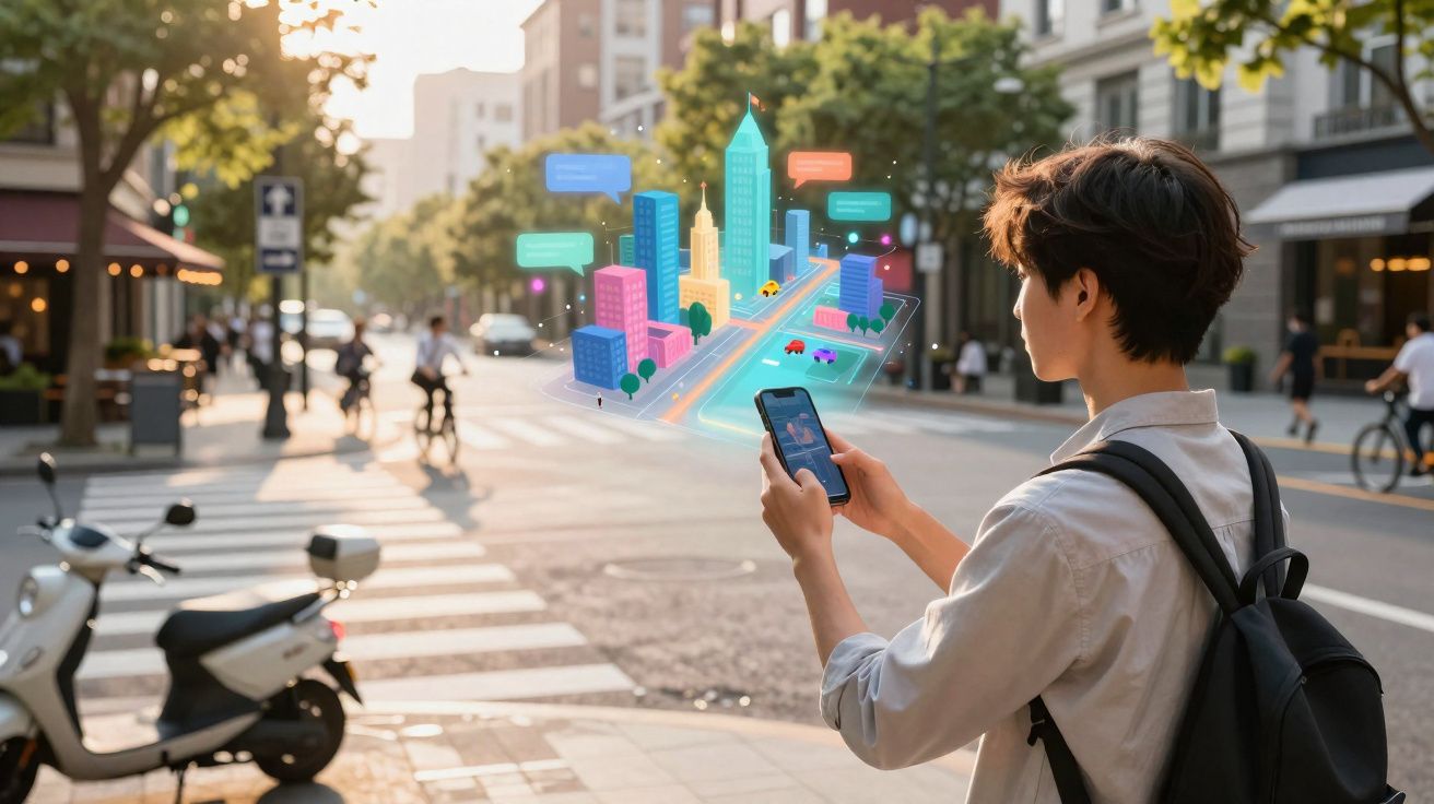 Pessoa usando celular com projeção holográfica de cidade futurista na rua em dia ensolarado.