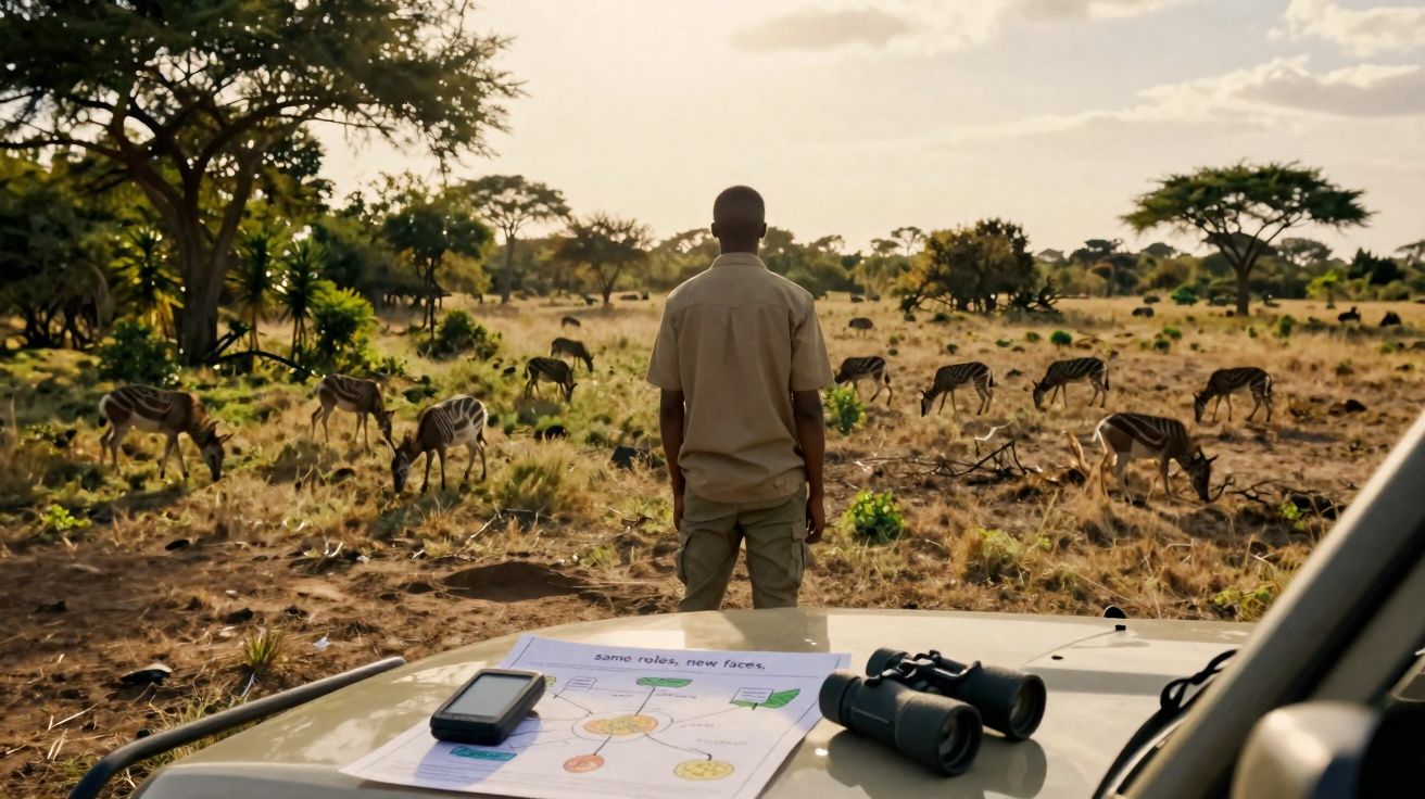 Homem observa zebras em savana africana durante safári ao entardecer, com binóculos e mapa no veículo.