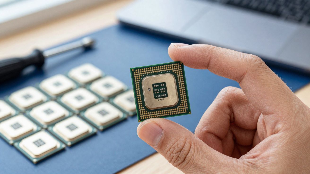 Mão segurando um processador de computador com vários outros processadores ao fundo sobre superfície azul.