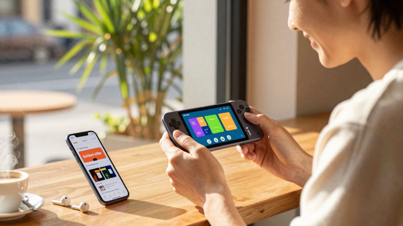 Pessoa segurando console portátil enquanto celular com oferta na tela está apoiado em mesa com café e fones earbuds.