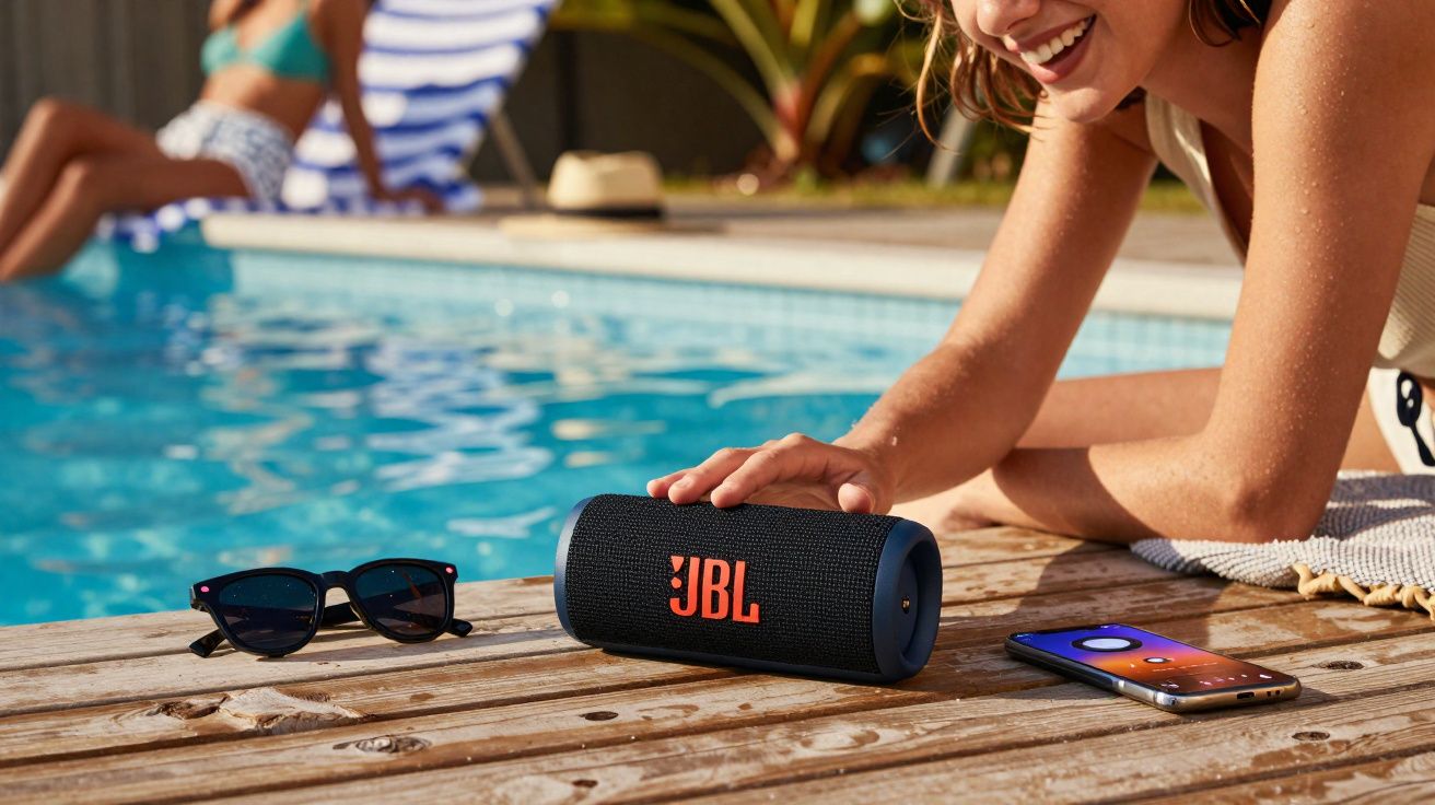 Mulher usando caixa de som JBL ao lado de óculos escuros e celular na borda de piscina com outra pessoa ao fundo.
