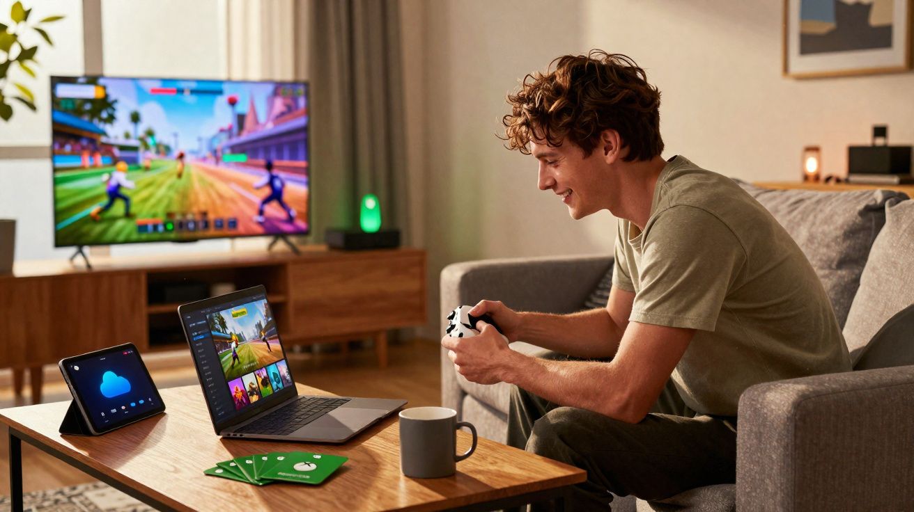 Jovem sorridente joga videogame com controle em mão, laptop, tablet e TV exibindo jogo no ambiente da sala.