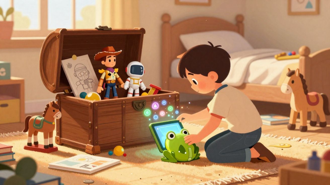 Menino brinca com brinquedo de sapo interativo próximo a baú de brinquedos em quarto iluminado.