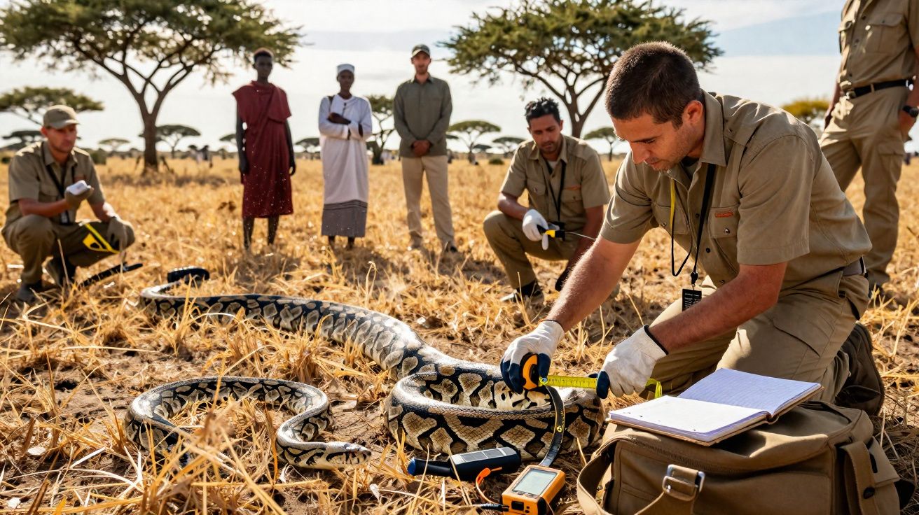 Equipe de pesquisadores medindo uma píton em área seca com árvores ao fundo.