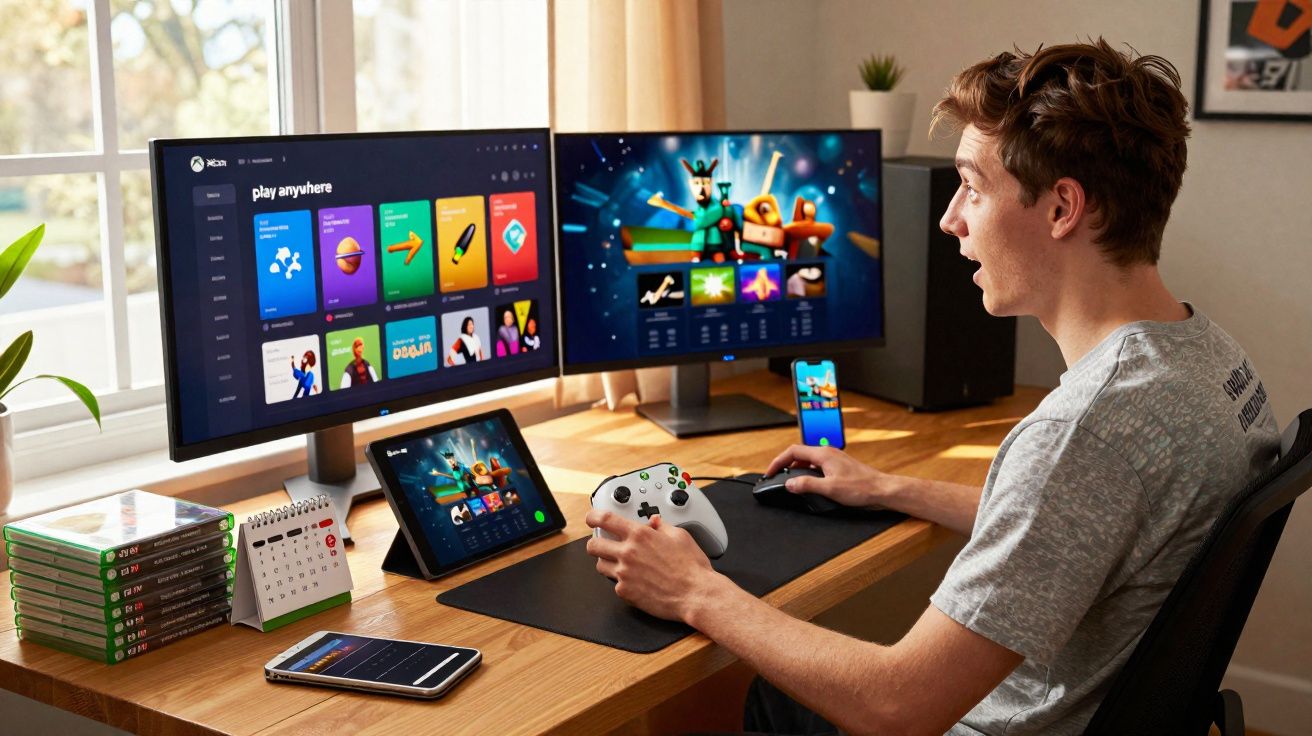 Jovem animado jogando videogame com controle e vários dispositivos eletrônicos em sua mesa.