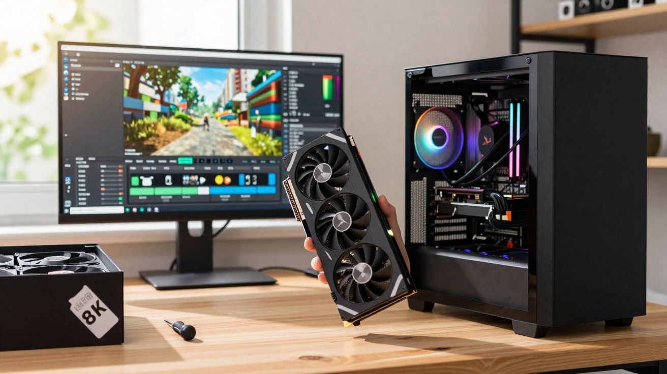 Pessoa segurando placa de vídeo próxima a gabinete de computador e monitor com programa de edição aberto.