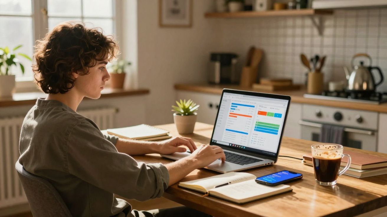 Pessoa jovem trabalhando em laptop à mesa com caderno, celular e café em cozinha iluminada natural.