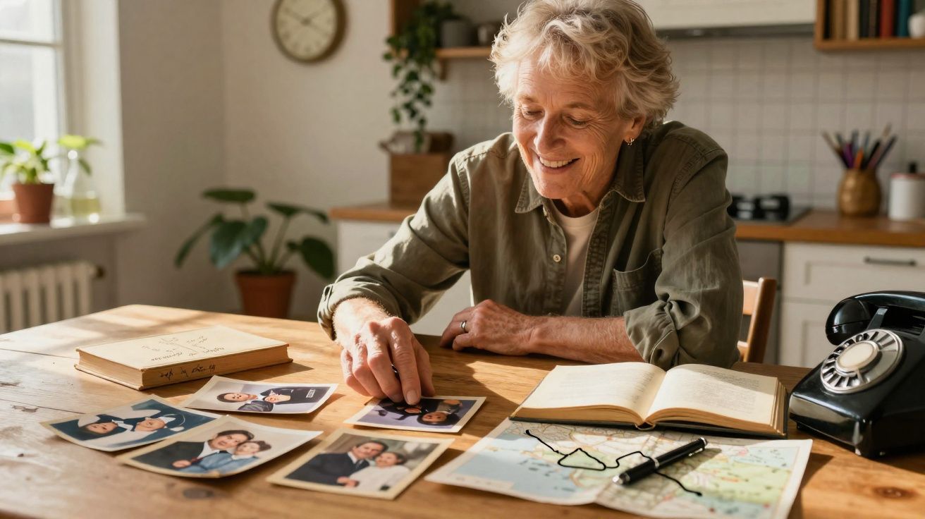 Idosa sorrindo revisando fotos antigas em mesa com mapas, livro aberto e telefone vintage preto.