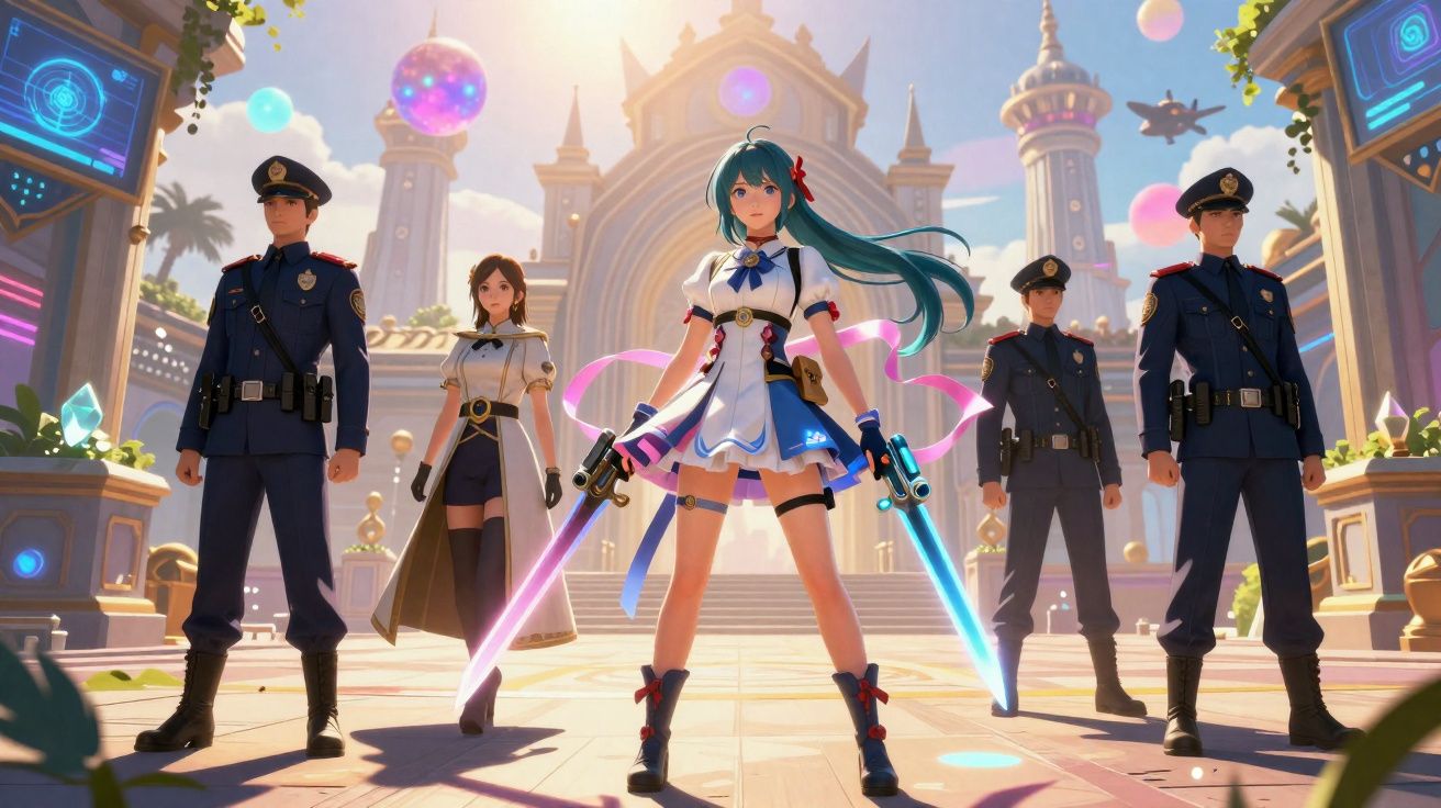 Personagens animados em frente a um castelo, com uma garota segurando duas espadas luminosas no centro.