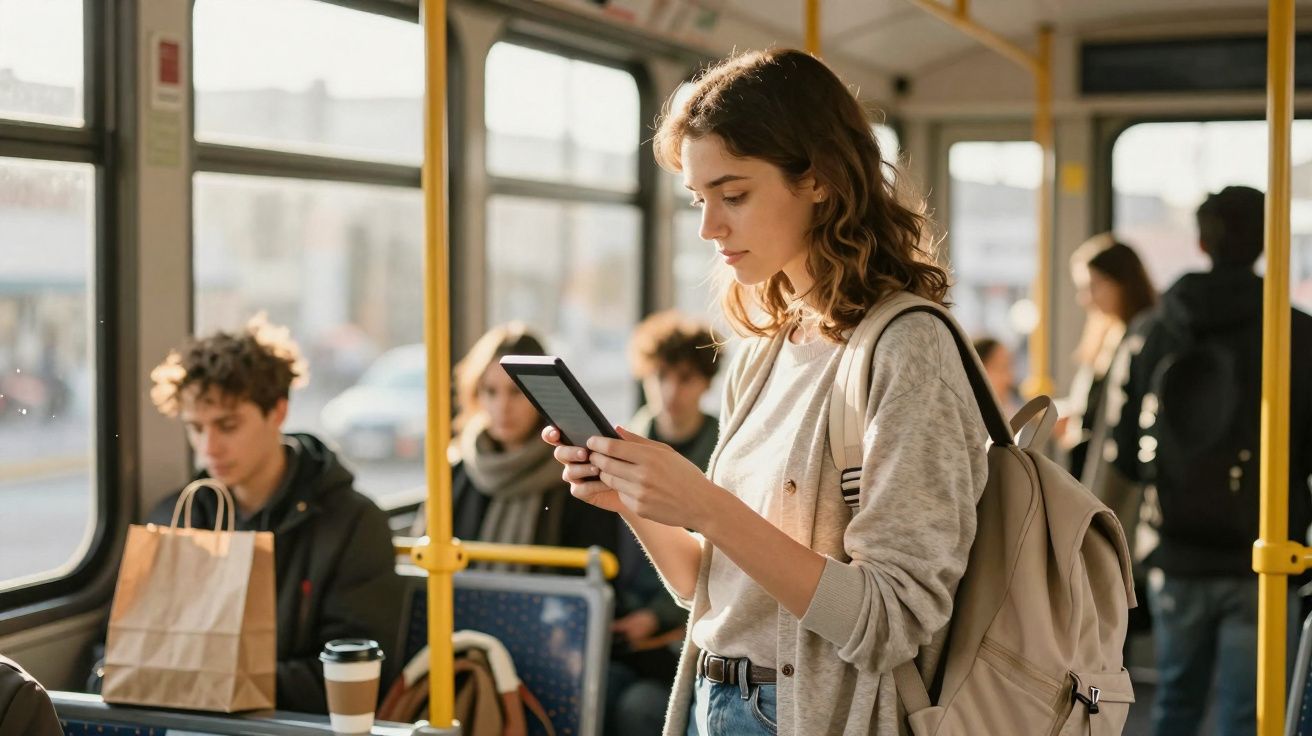 Jovem mulher usando e-reader dentro de ônibus lotado durante o dia.