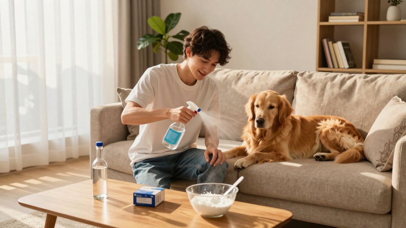 Jovem borrifa spray em cachorro dourado no sofá em sala clara e iluminada.