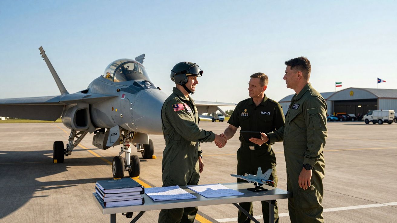 Três militares conversam e apertam as mãos próximo a caça F-16 estacionado em pista de aeroporto.