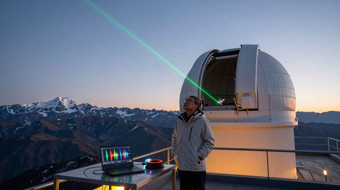 Homem observando faixa de laser verde emitida por telescópio em observatório com montanhas ao fundo.