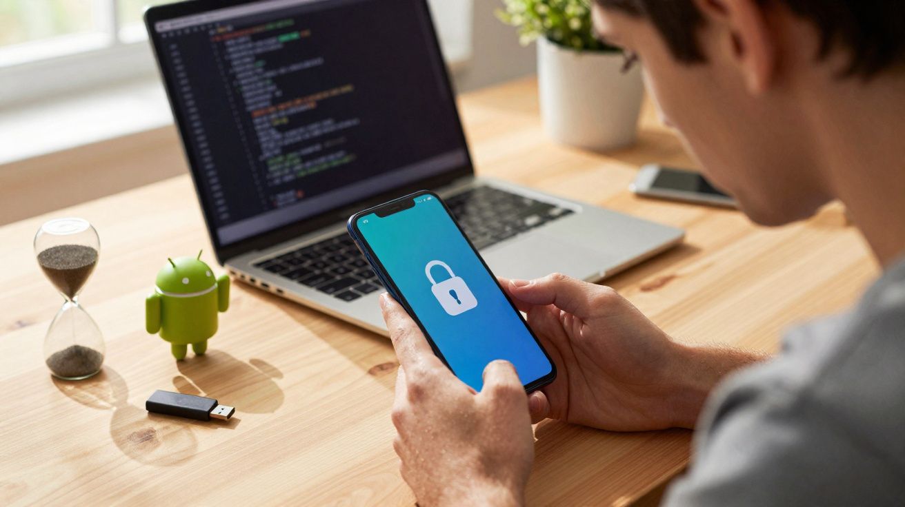 Pessoa segurando celular com símbolo de cadeado, laptop com código aberto, boneco Android e ampulheta sobre mesa de madeira
