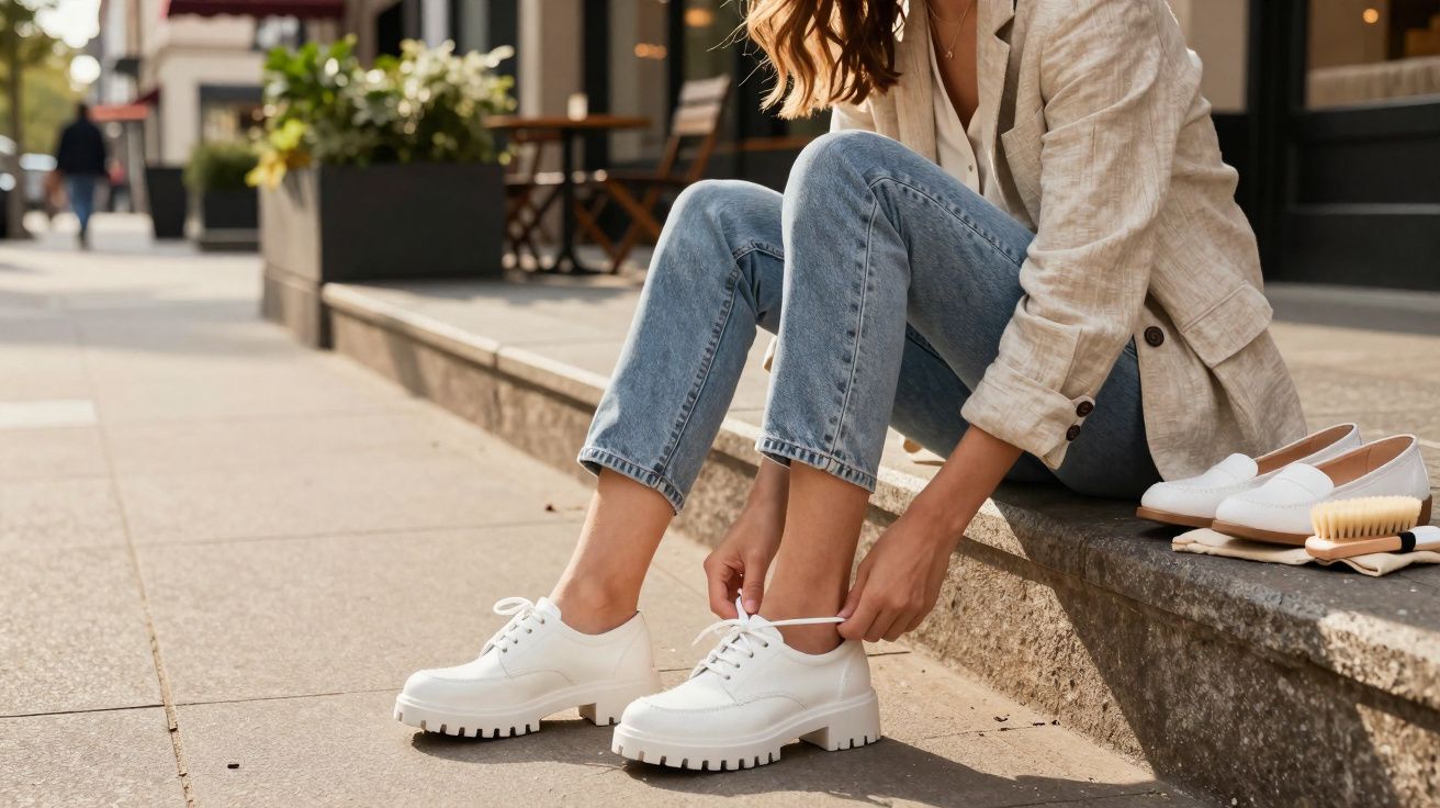 Mulher sentada amarrando tênis branco com sapatos e escova ao lado em calçada urbana.