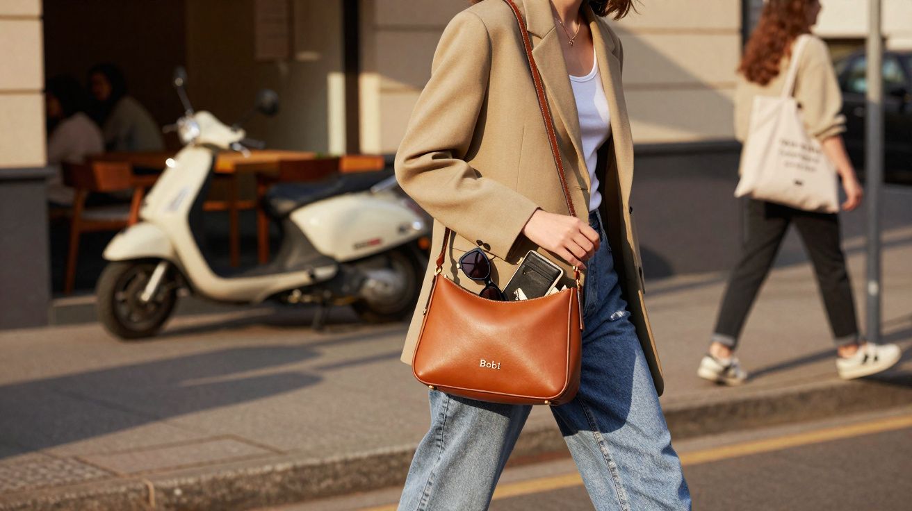 Mulher caminhando com bolsa marrom a tiracolo em rua movimentada, com motocicleta estacionada ao fundo.