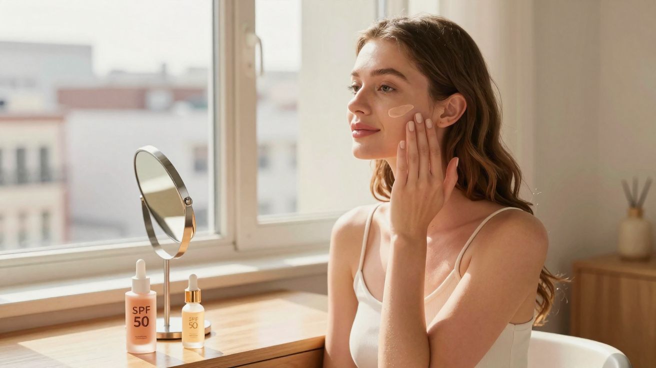 Mulher aplicando protetor solar no rosto sentada à mesa com espelho e frascos de cosméticos ao lado.