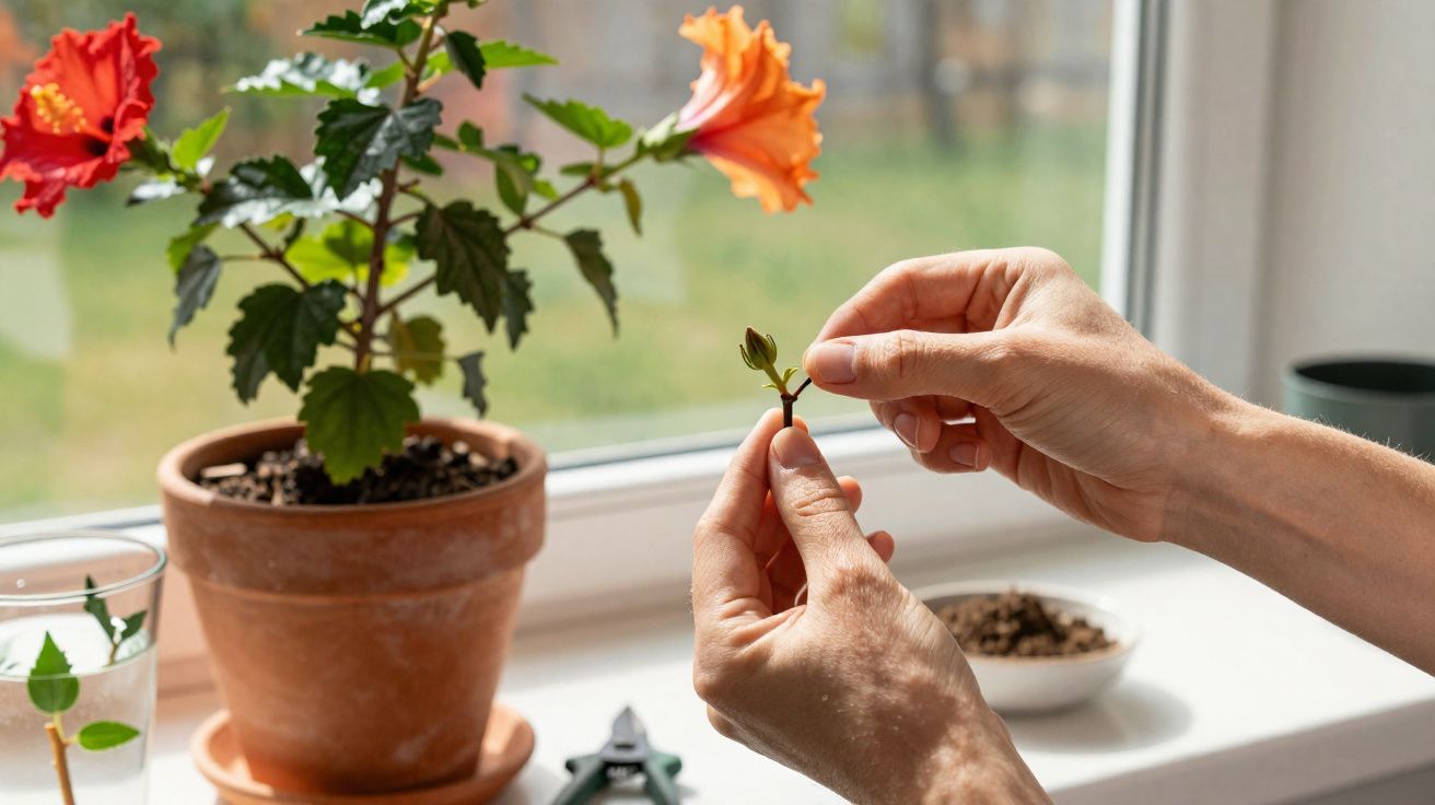 Mãos segurando broto de hibisco com vaso da planta ao fundo em ambiente interno próximo à janela.