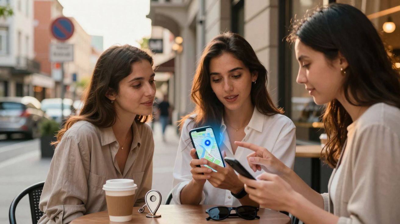 Três mulheres sentadas em café ao ar livre conferem mapas em celulares durante o dia.