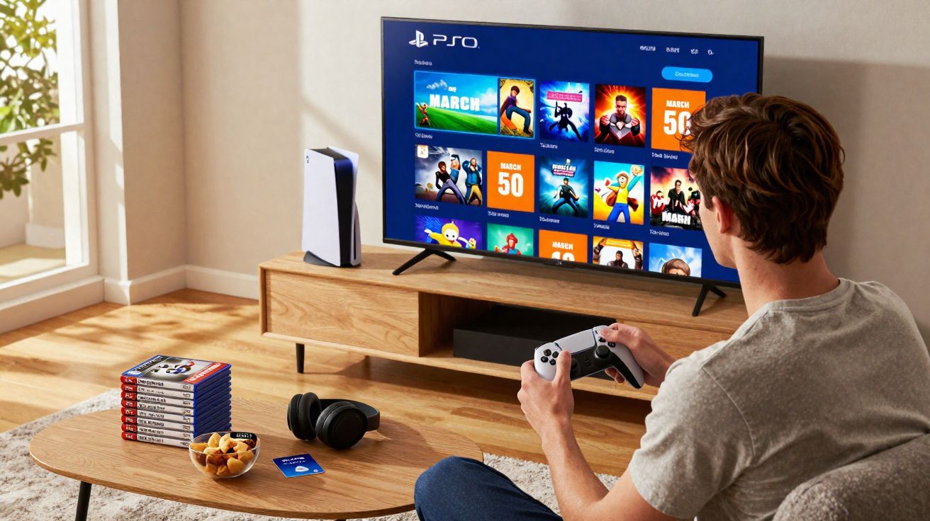 Homem sentado no sofá jogando videogame com controle e PlayStation 5 na sala iluminada.