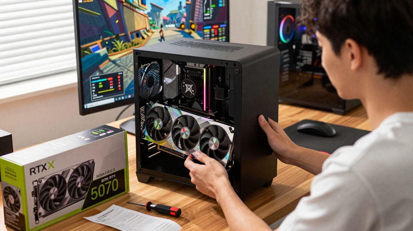 Pessoa instalando placa de vídeo RTX 5070 em gabinete de computador sobre mesa de madeira.