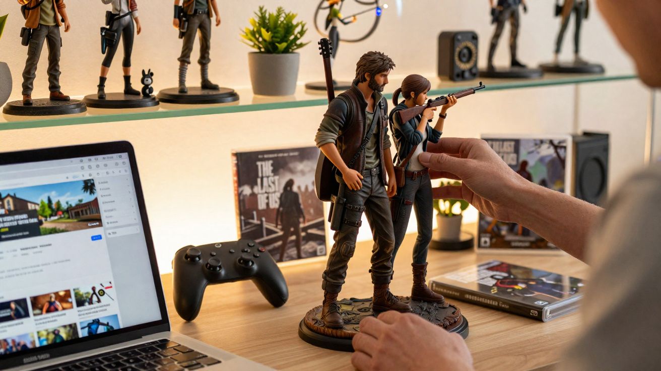 Pessoa segurando miniatura de personagens de jogo em mesa com controle, laptop e estatuetas ao fundo.