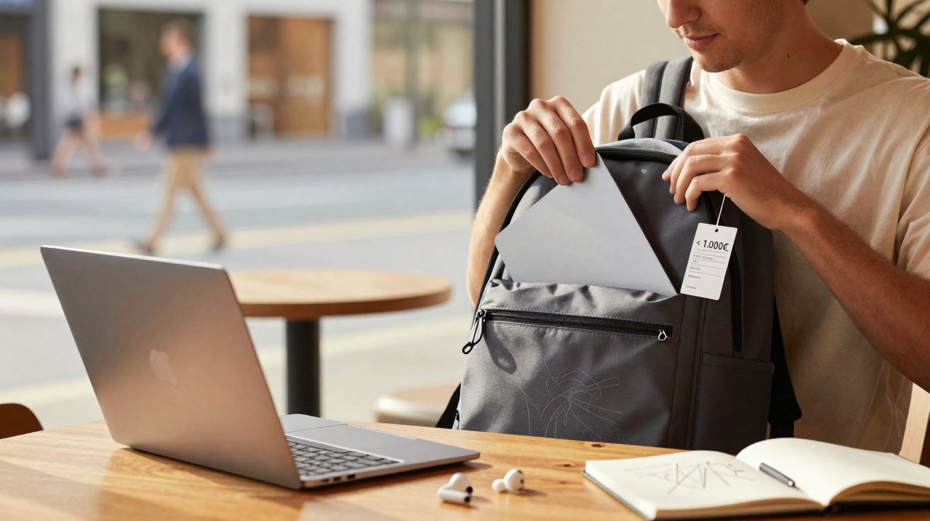 Homem guardando laptop em mochila cinza com etiqueta de preço em mesa com notebook e fones de ouvido.