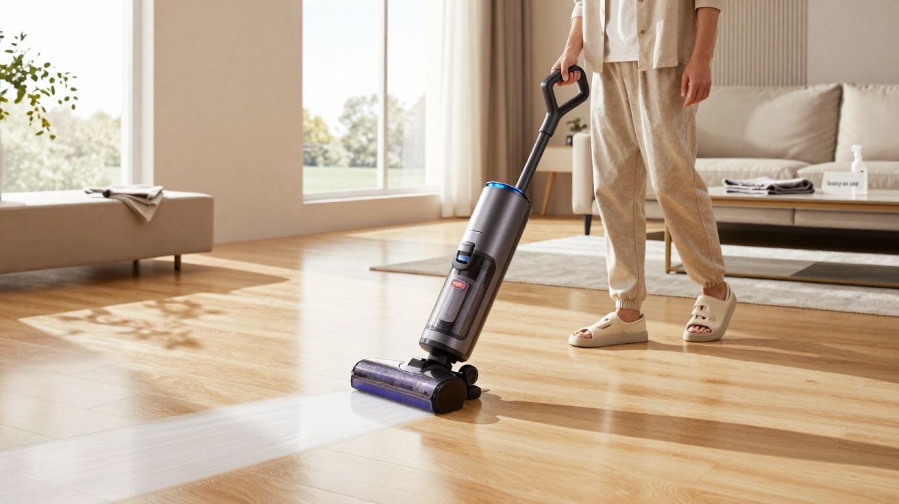 Pessoa usando aspirador vertical para limpar chão de madeira em sala iluminada e arejada.