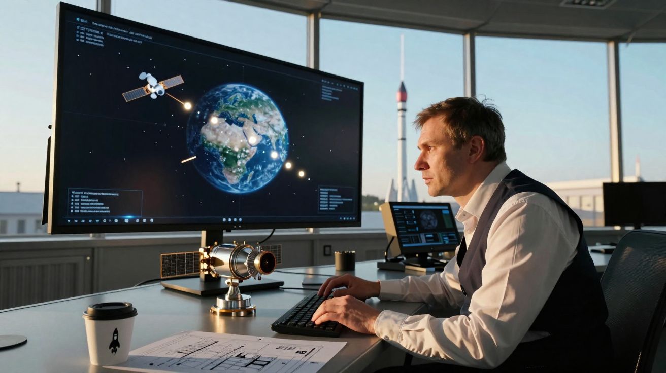 Homem trabalha em computador com imagens de satélite e planeta Terra em escritório moderno com foguete ao fundo.